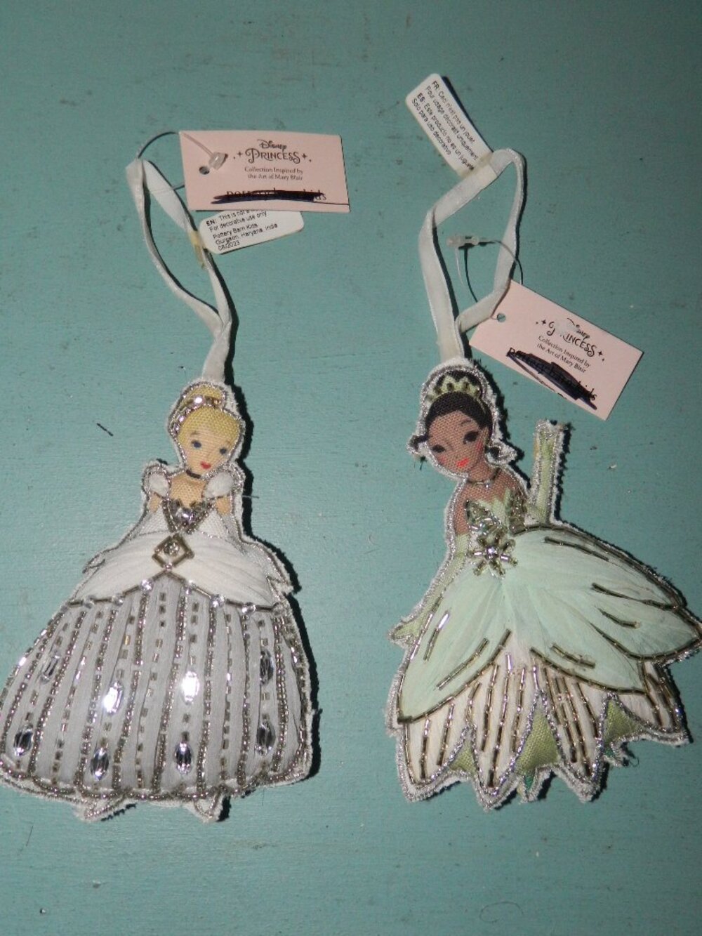 Pottery Barn Kids Disney Princess Tiana Christmas Cloth Bead Ornaments Lot/2